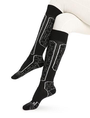 Women's Icebreaker Merino Ski+ Medium Over the Calf Alpine Geo Socks Black / Snow | CA 1539AHKP